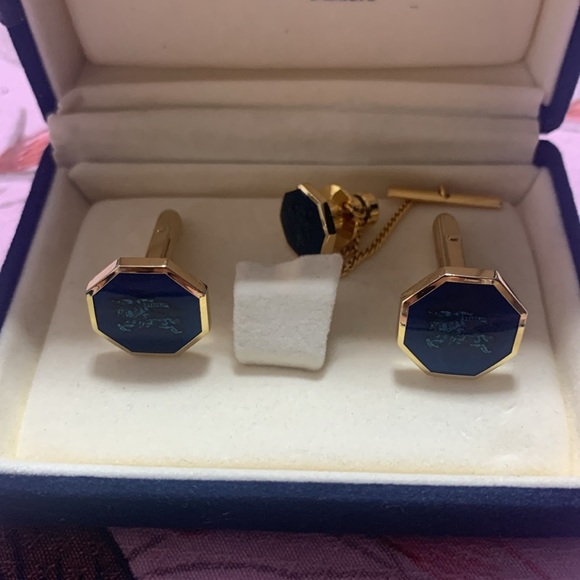 Burberry authentic cufflinks necktie pin blue gold plated octagon - Picture 2 of 12